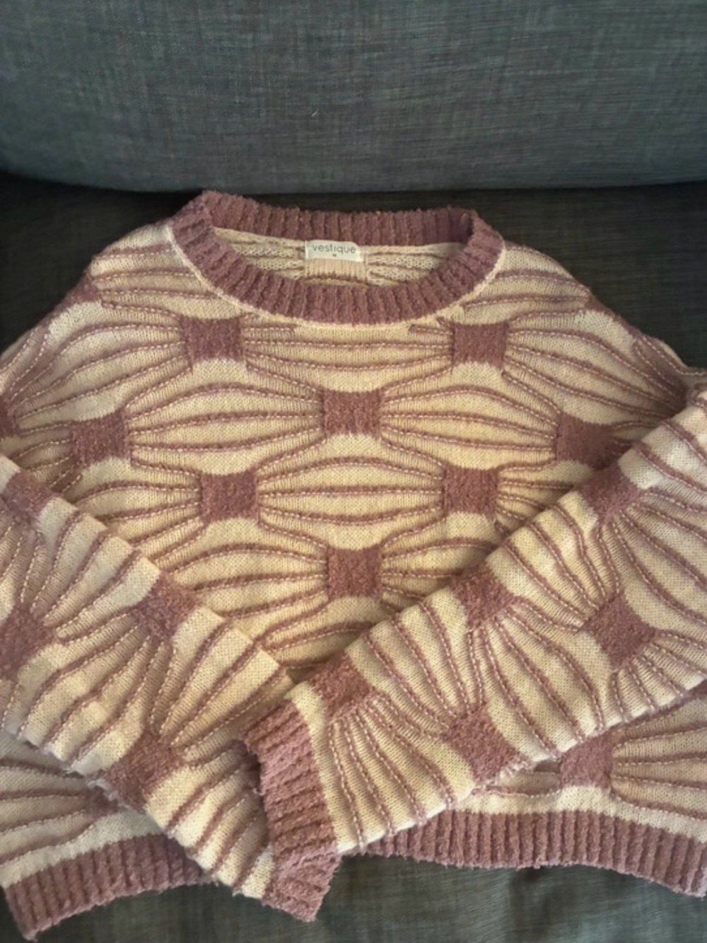 vestique Rose & Cream Geometric Textured Crewneck Sweater